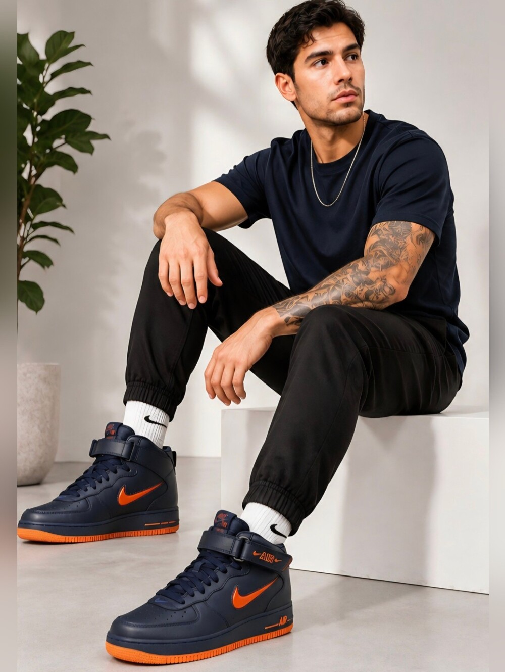 Nike Air Force 1 Sneakers – Dark Blue with Orange Swoosh Logo